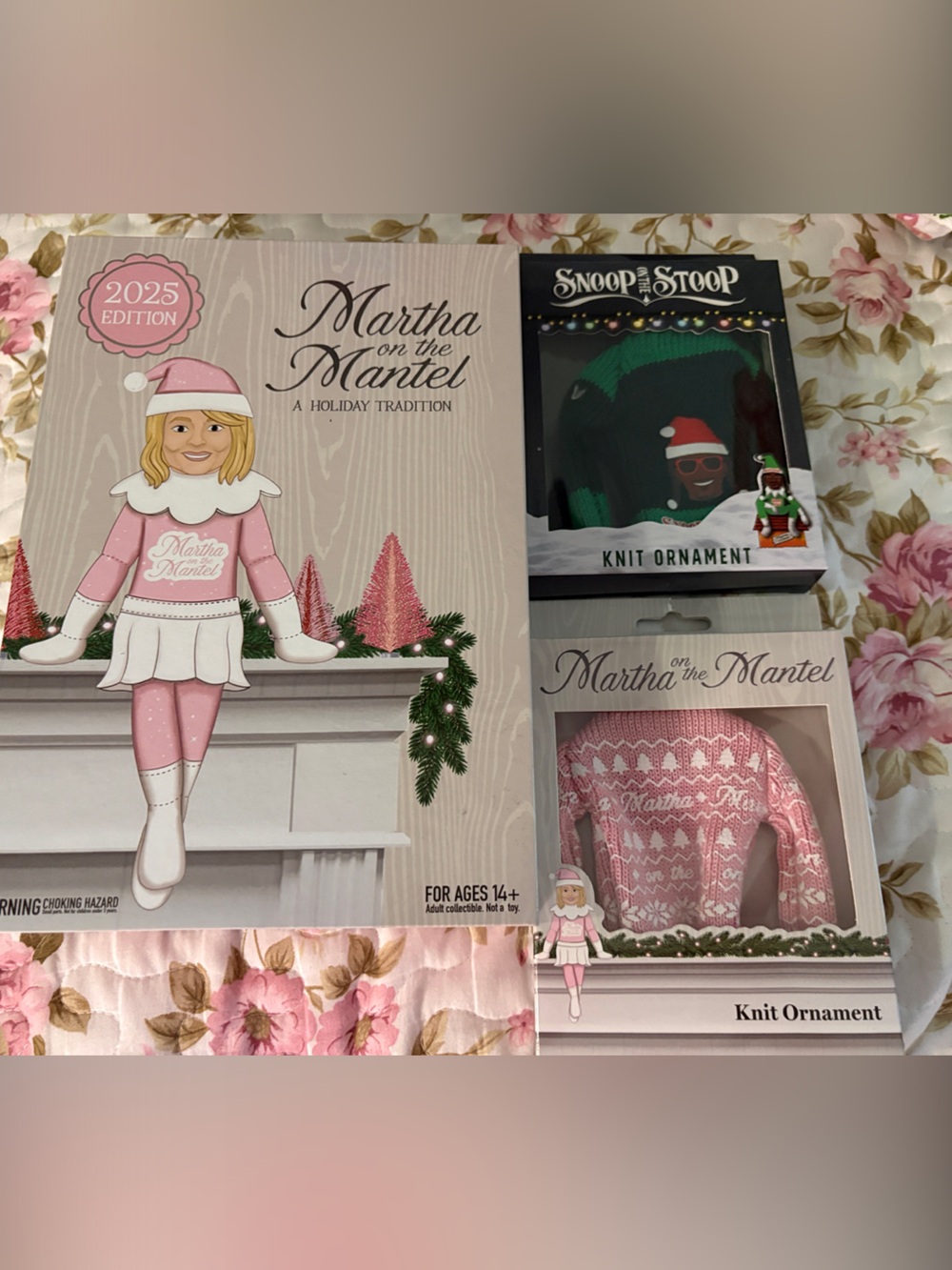 Martha on the Mantel Knit Ornament Trio - Pink & Green Holiday Set